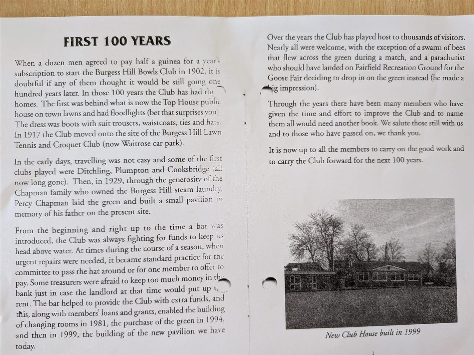 The First 100 Years leaflet produced for the 2002 centenary, with a photo of the new clubhouse built in 1999