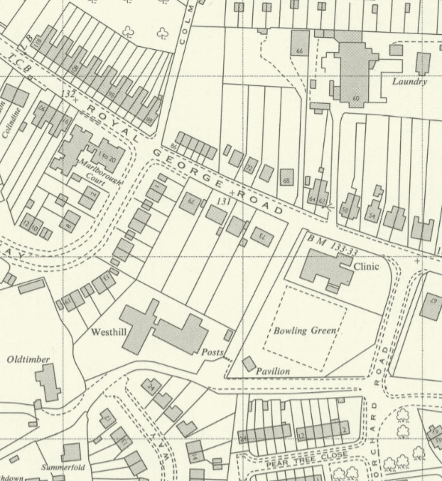 1967 Ordnance Survey map showing the Bowling Green and Pavilion off Royal George Road